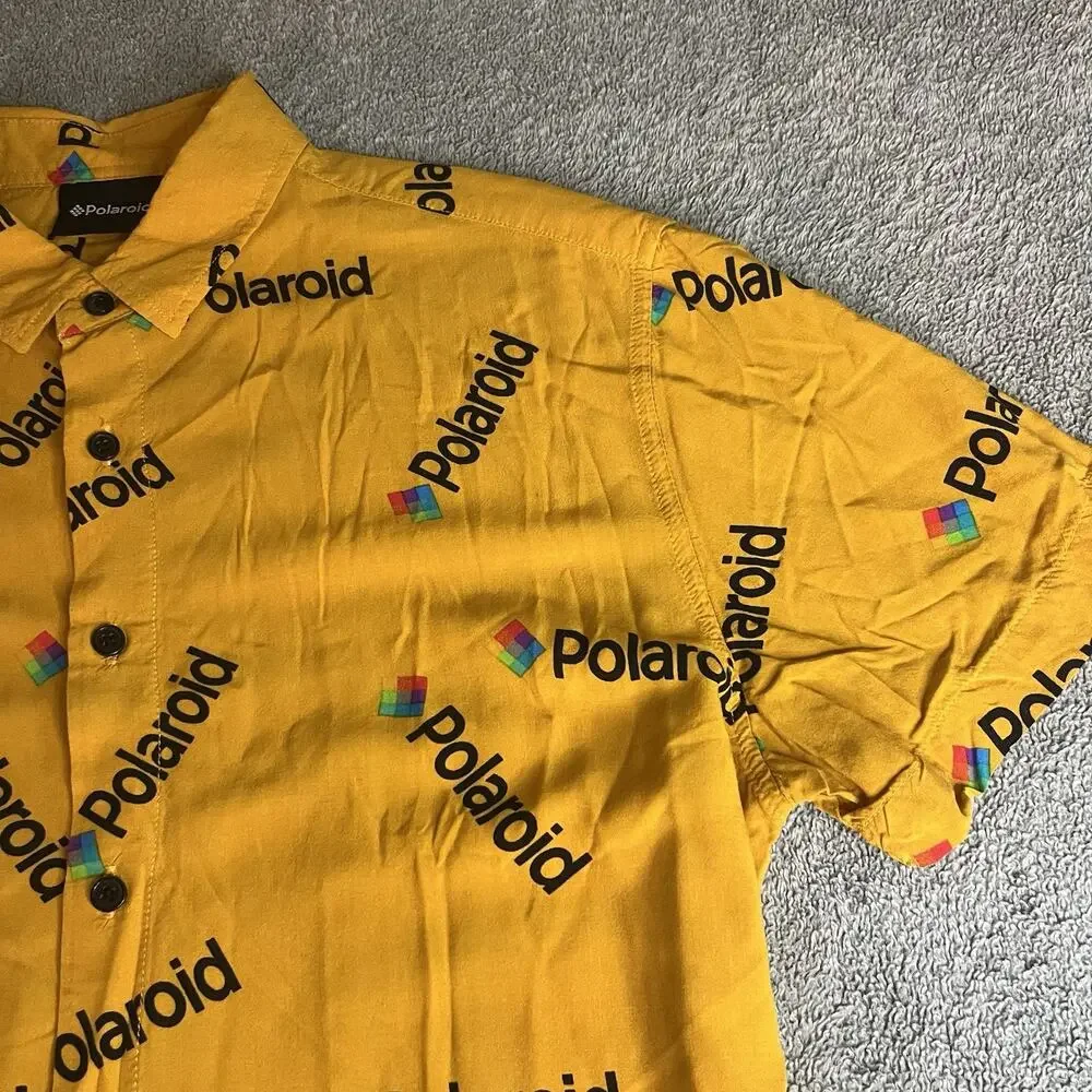 Polaroid Men's Small Short Sleeve Button Down Shirt Yellow All Over Print Logo S